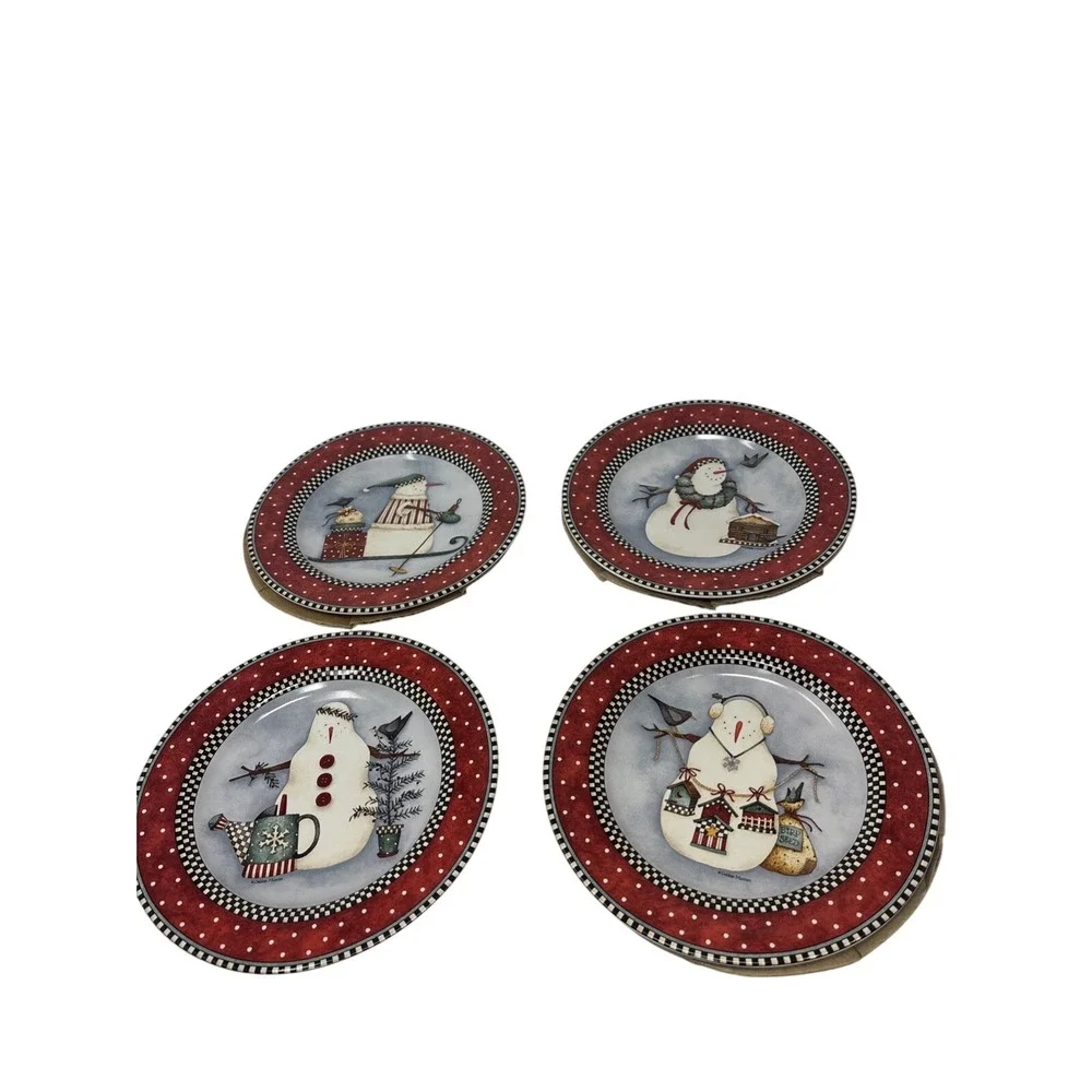 Debbie Mumm Frosty Folks Snowman Dessert Salad Plate Set of 4 Sakura Red Black‎